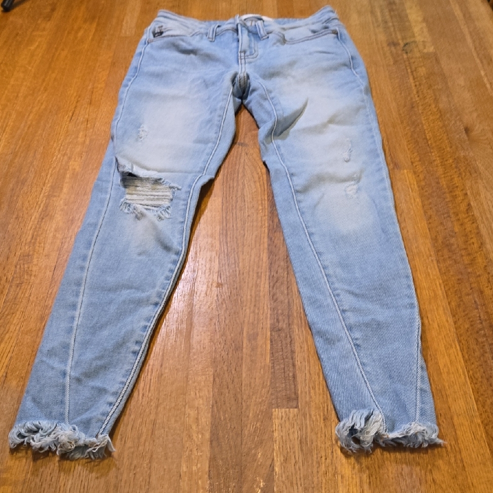KanCan Women 3/25 Light Blue Distressed Raw Hem Ankle Skinny Stretch Jeans‎